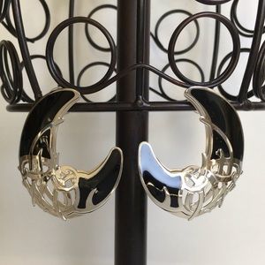Vintage Edgar Berebi Enamel Cut Out Silver Tone & Black Pierced Earrings Large